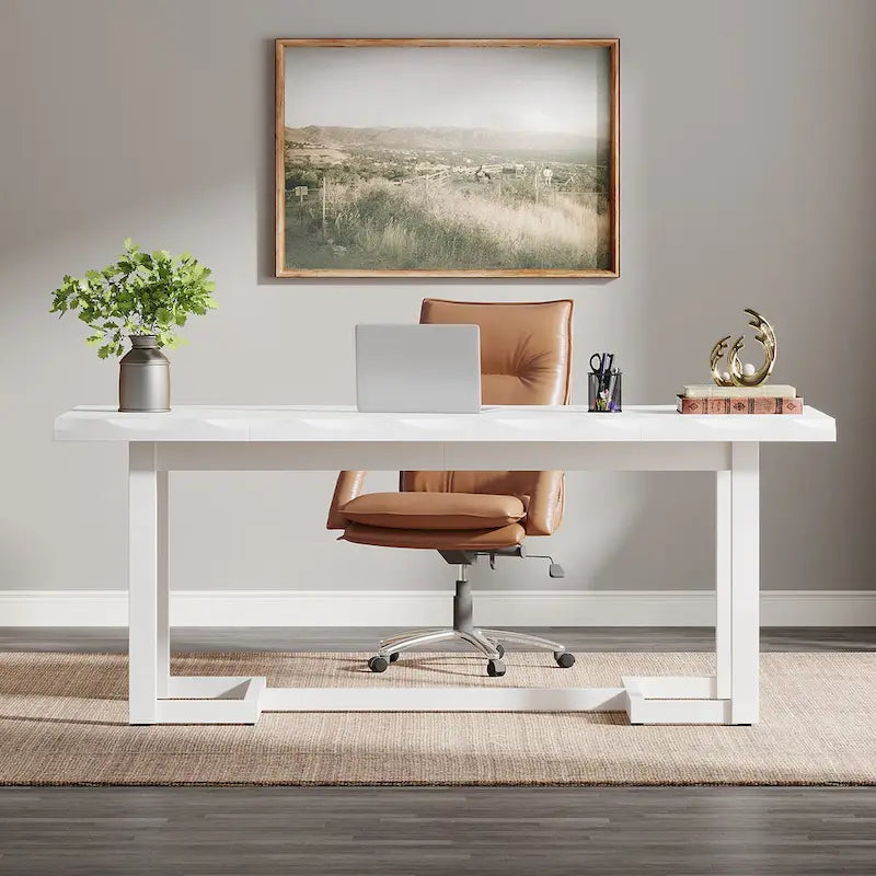 Bureau d'ordinateur rectangulaire en bois de 62,2 pouces avec pieds en bois massif
