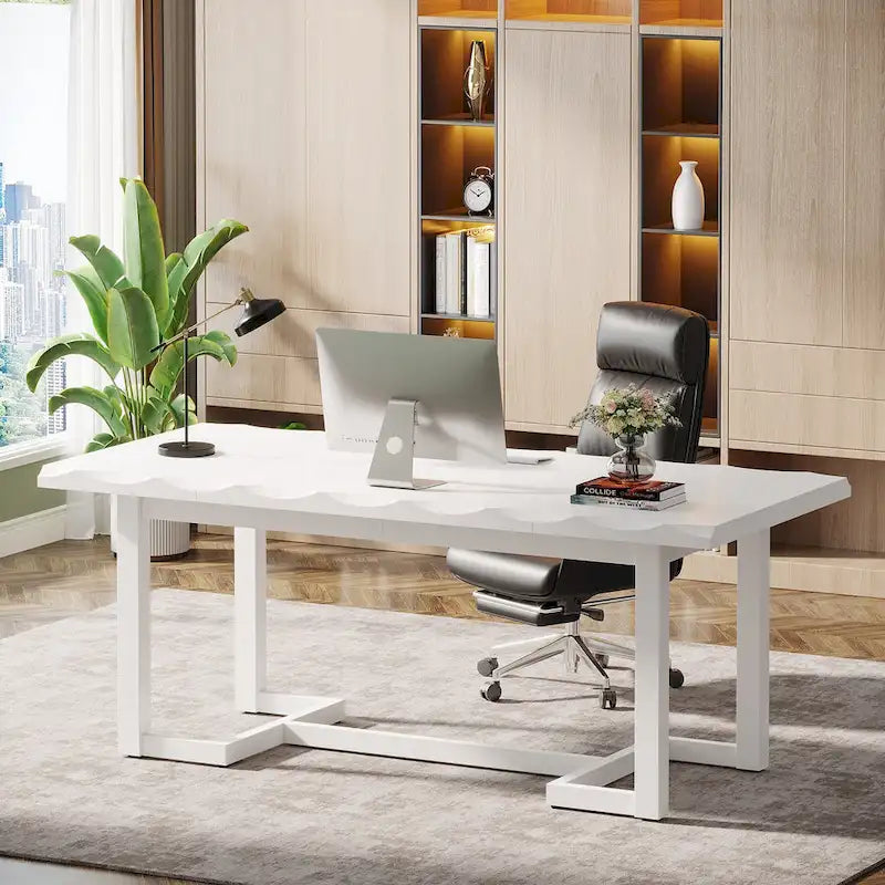 Bureau d'ordinateur rectangulaire en bois de 62,2 pouces avec pieds en bois massif