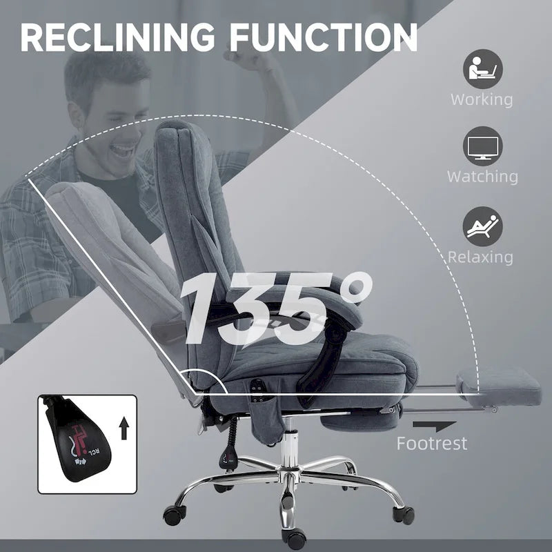 Chaise de bureau de massage avec 6 points de vibration, fauteuil d'ordinateur inclinable chauffant, chaise de bureau pivotante